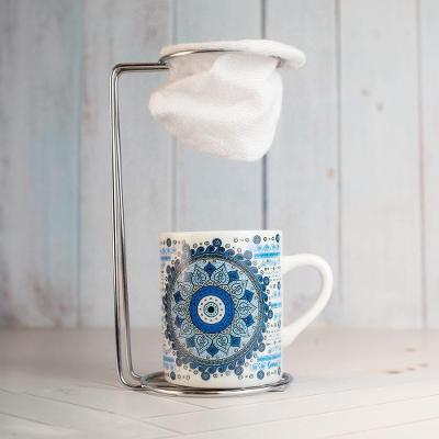 Caneca Mandala com Coador em Algodão e Suporte Metálico 120ML Porcelana Cozinha