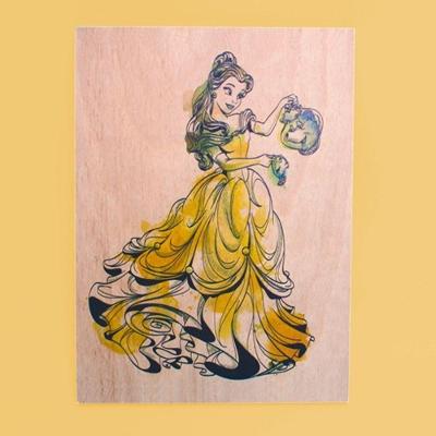 Quadro Bela Princesa Disney Aquarela Quadrado 19x19x2CM em Madeira Parafuso Branco