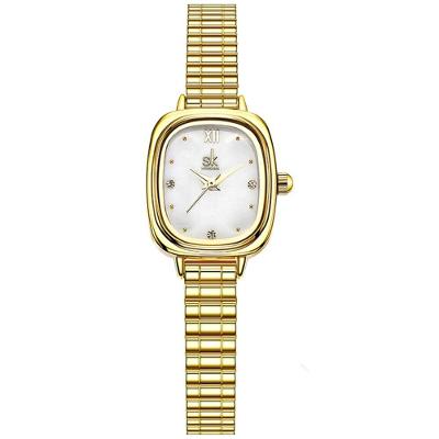 Relógio de Quartzo Feminino Design Quadrado Analógico em Aço Inox Dourado Shengke