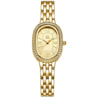 Relógio de Pulso Feminino Design Elegante Strass Minimalista Analógico em Aço Inox Dourado Shengke