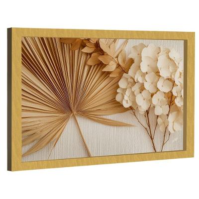 Quadro Decorativo Galho e Flores Retangular em Madeira Nobre Reflorestada Dourado BR Artes