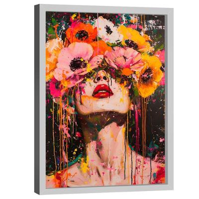 Quadro Decorativo Mulher Floral Pintura Retangular em Madeira Nobre Reflorestada Branco BR Artes