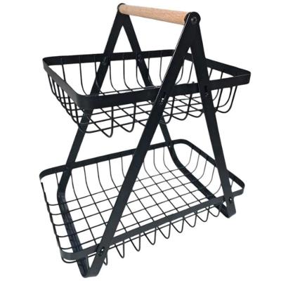Fruteira Cesto Organizador Duplo BSL3774 Multiuso Metal Aramado e Bambu Cozinha Escritório Preto AB
