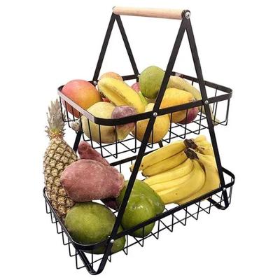Fruteira Cesto Organizador Duplo Aramado Metal com Alça de Bambu para Cozinha e Escritório Preto
