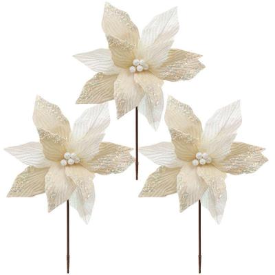 Flor Decorativa Natalina Flor Bico de Papagaio Luxo com Tecido Frisado e Lantejoulas Branco Cristal