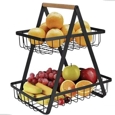 Fruteira BSL3774 Organizador Duplo Metal Aramado com Alça de Bambu Multiuso para Cozinha Preto