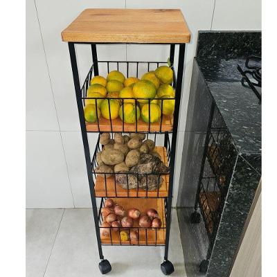 Fruteira de Chão com Rodinhas 3 Andares Ferro e Madeira Maciça Artesanal para Cozinha Amadeirado