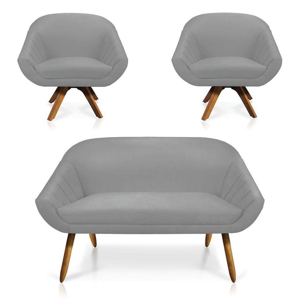 Kit 01 Namoradeira 02 Lugares E 02 Poltronas Giratória Giovana Suede Base Madeira Mm30 - D'rossi Cinza - 1