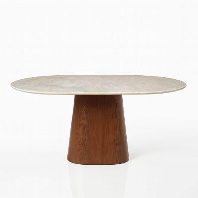 Mesa de Jantar Oblongo 6 Lugares Oval Quartzito Taj Mahal 180CM Café Estrutura Nogueira