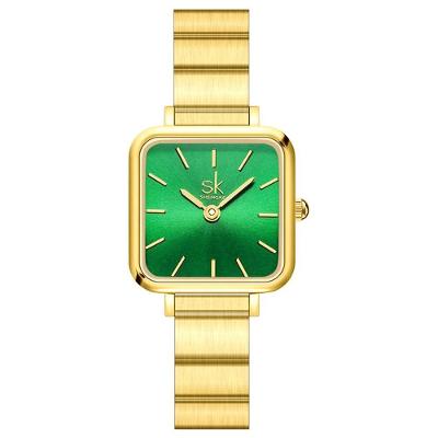 Relógio Feminino Design Quadrado Analógico em Aço Inox Dourado Shengke com Fivela