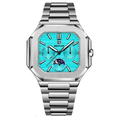 Relógio Masculino Quadrado Multifuncional Esportivo Aço Inox Azul Claro