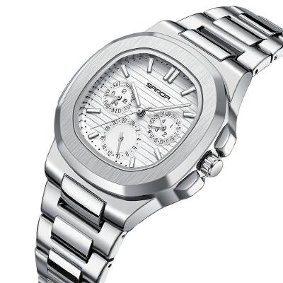 Relógio de Pulso Masculino Sanda Três Olhos Analógico Aço Inox Branco
