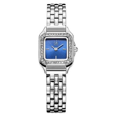 Relógio Feminino Mostrador Quadrado Prata Analógico Aço Inox Shengke