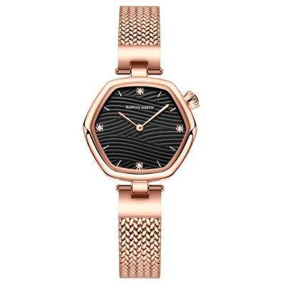 Relógio de Pulso Feminino Hexagonal Malha Aço Inox à Prova D'água Preto Rose Hannah Martin