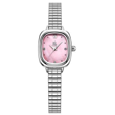 Relógio Feminino Design Quadrado Moda Clássica Analógico Pulseira Aço Inox LED Rosa Shengke