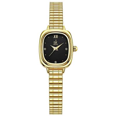 Relógio Feminino Design Quadrado Analógico em Aço Inox Preto e Dourado Shengke