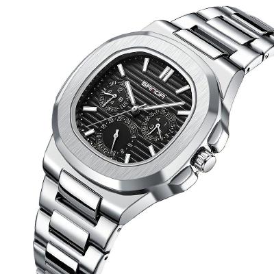 Relógio de Pulso Masculino Sanda Três Olhos Seis Pinos Aço Inoxidável Clássico Prata 22MM