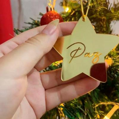 Kit de Enfeites de Natal Estrelas Acrílico Espelhado com Palavras Gravadas Dourado OEM 8 Unidades