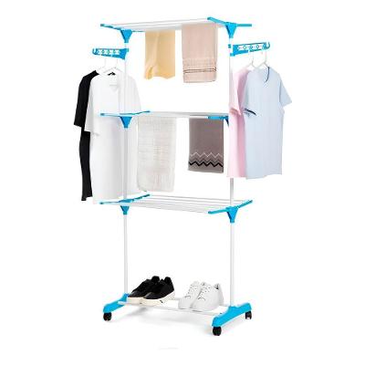 Varal de Roupa Dobrável 3 Andares ABS Aço Portátil com Rodas 360° Branco com Azul