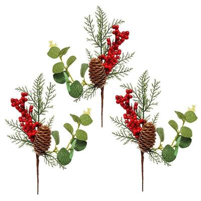 Pick Natalino Decorativo Azevinho com Pinha Nevada Visual Clássico Vermelho Bela Flor 3 Unidades