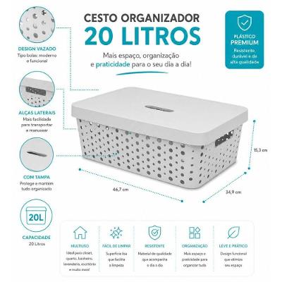 Cesto Organizador Retangular com Tampa Ventilação Design Telado Polipropileno (PP) Cinza Usual 20L