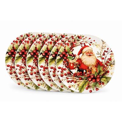 Prato de Sobremesa Papai Noel e Azevinhos 6 Unidades Melamina Estampa Natalina Vermelho Yangzi