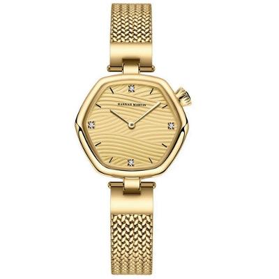 Relógio de Pulso Feminino Clássico Hexagonal Malha Aço Inox à Prova D'água Dourado Hannah Martin