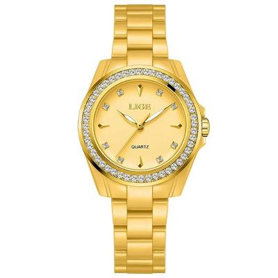 Relógio Feminino Vintage Clássico em Cerâmica Luminoso Dourado Lige