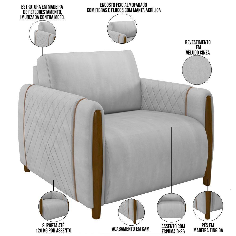 Kit Sofá 02 Lugares 168Cm Com Poltrona M03 Cinza - 10