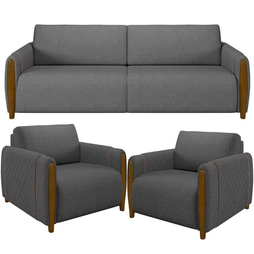 Kit Sofá 02 Lugares 168Cm Com 02 Poltronas Flora M03 Chumbo - 1