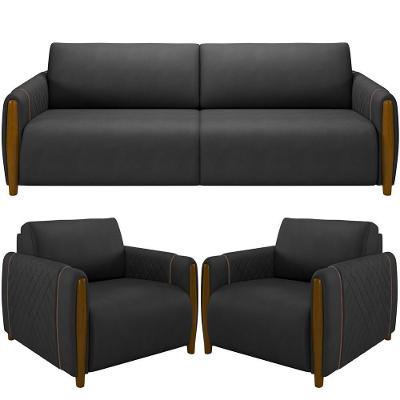 Kit Sofá 03 Lugares 223Cm Com 02 Poltronas Flora M03 Preto