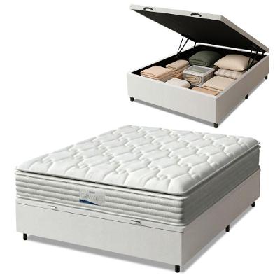Cama Box com Baú Casal Granville Pillow Top Molas Ensacadas Tecido Liso Branco Probel