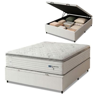 Cama Box com Baú Casal Guarda Costas Max Pillow Top Molas Ensacadas Tecido Liso Branco Probel