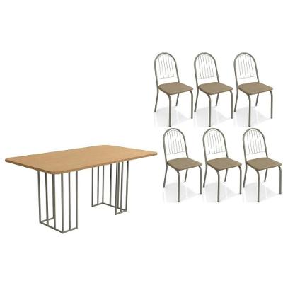 Conjunto de Mesa de Jantar Duina + 6 Cadeiras 6 Lugares Tampo MDF Aço Niquel-Capuccino 160X90CM