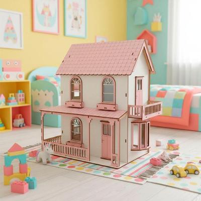 Casinha de Boneca Miniatura em MDF Rosa e Branco para Barbie 38CM