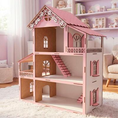 Casinha de Boneca Miniatura com Design Delicado Rosa e Branco MDF