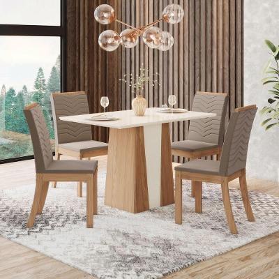 Conjunto Sala de Jantar Layla Smart 4 Lugares Tampo MDF Cadeiras Estofadas Off White 120CM Casa 812