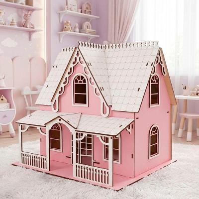 Casinha de Boneca Casinha de Bone Miniatura MDF Rosa e Branco Decorativa Estrutura Firme 35CM