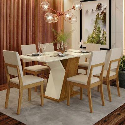 Conjunto Sala de Jantar Layla 6 Lugares Tampo MDF com Vidro Off White 160CM Casa 812