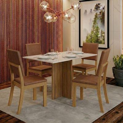 Conjunto Sala de Jantar Layla Imperial 4 Lugares Tampo MDF Cadeiras Estofadas Corino Caramelo 120CM