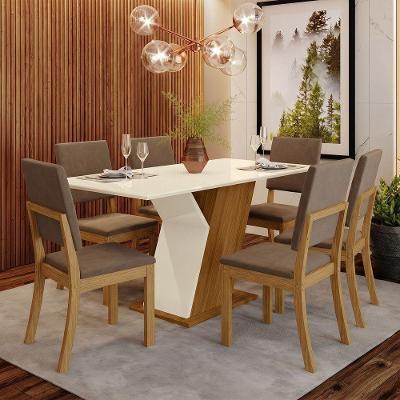 Conjunto Sala de Jantar Layla 6 Lugares Tampo em MDF Cadeiras Estofadas Amêndoa Casa 812