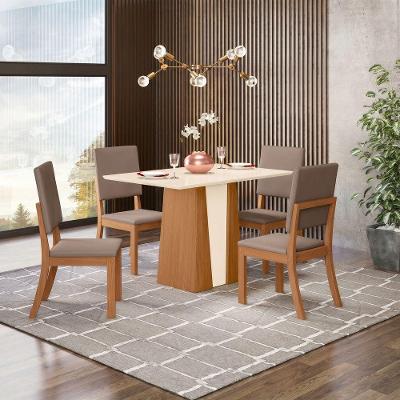 Conjunto Sala de Jantar Layla Royale 4 Lugares Tampo MDF Cadeiras Estofadas Off White Marrom Amêndoa