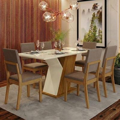 Conjunto Sala de Jantar Layla 6 Lugares Tampo MDF com Vidro Estofado Suede Amêndoa 160CM Casa 812