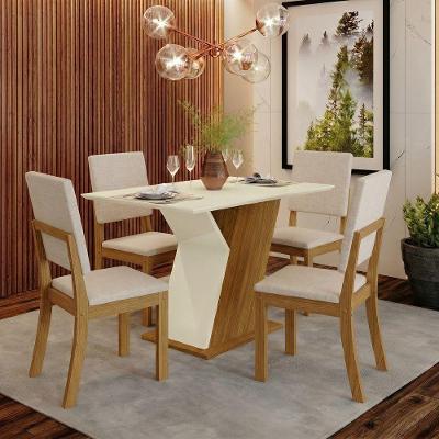 Conjunto Sala de Jantar Layla 4 Lugares Tampo MDF Cadeiras Suede Off White 120CM Casa 812