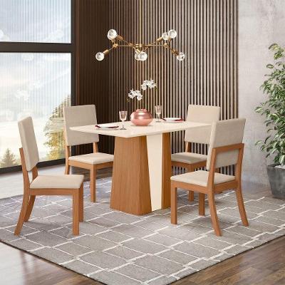 Conjunto Sala de Jantar Layla Royale 4 Lugares Tampo MDF Cadeiras Suede Off White 120CM Casa 812