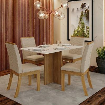 Conjunto Sala de Jantar Layla Lux 4 Lugares Tampo MDF Cadeiras Suede Off White 120CM Casa 812