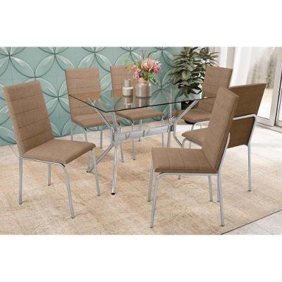 Conjunto Mesa Loire 6 Lugares Tampo Vidro e 6 Cadeiras Amsterdã Cromadas Corino Capuccino 120CM