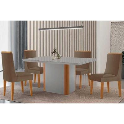 Conjunto de Jantar Pietá 4 Lugares Tampo em Vidro com Cadeiras Estofadas Natural Off White Rufato