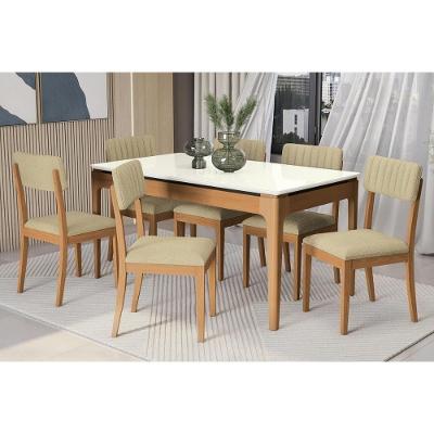 Conjunto Mesa de Jantar Mira + 6 Cadeiras Telma 6 Lugares Tampo MDF com Vidro Carvalho Bege