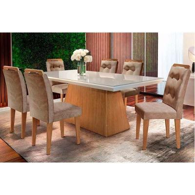 Conjunto de Mesa de Jantar Luna 6 Lugares Tampo em Vidro Suede Capuccino 180CM Rufato